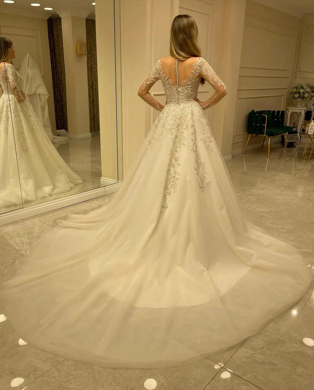 Elegant Long A-line Sweetheart Lace Appliques Wedding Dress with Sleeves by BIZTUNNEL