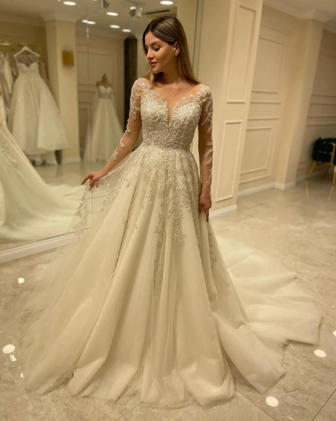 Elegant Long A-line Sweetheart Lace Appliques Wedding Dress with Sleeves by BIZTUNNEL