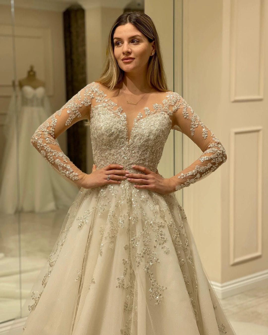 Elegant Long A-line Sweetheart Lace Appliques Wedding Dress with Sleeves by BIZTUNNEL