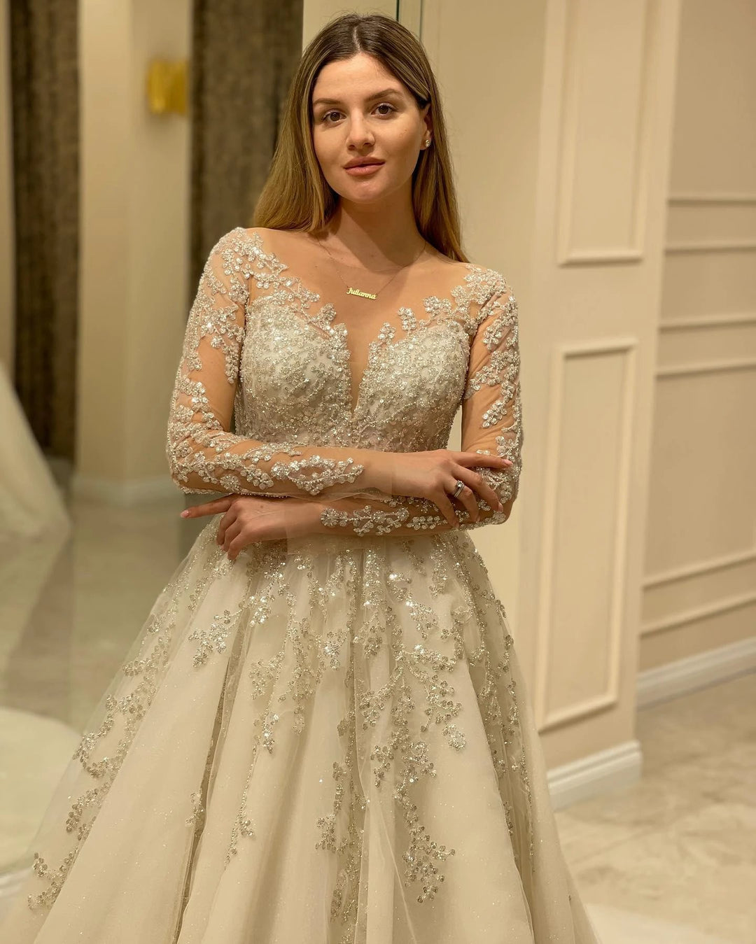 Elegant Long A-line Sweetheart Lace Appliques Wedding Dress with Sleeves by BIZTUNNEL