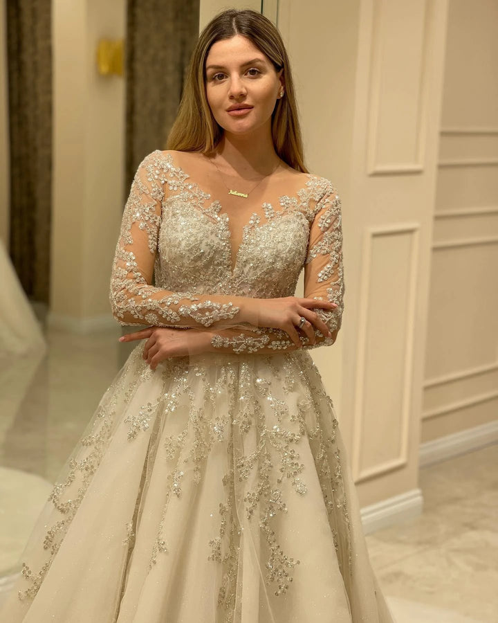 Elegant Long A-line Sweetheart Lace Appliques Wedding Dress with Sleeves by BIZTUNNEL