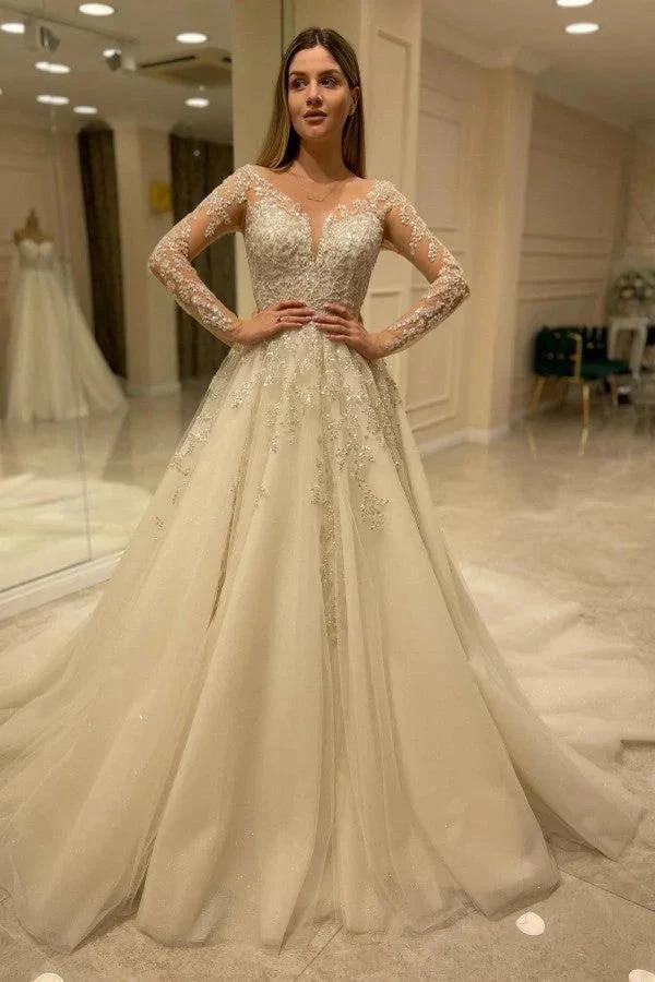 Elegant Long A-line Sweetheart Lace Appliques Wedding Dress with Sleeves by BIZTUNNEL