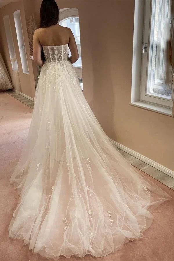 Elegant Long A-line Sweetheart Tulle Lace Wedding Dress with Slit by BIZTUNNEL