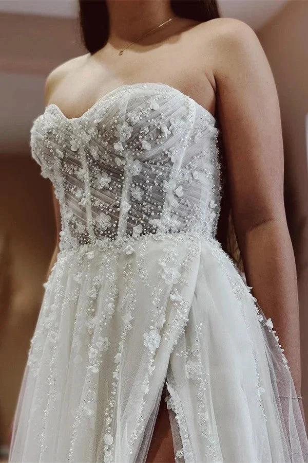 Elegant Long A-line Sweetheart Tulle Lace Wedding Dress with Slit by BIZTUNNEL