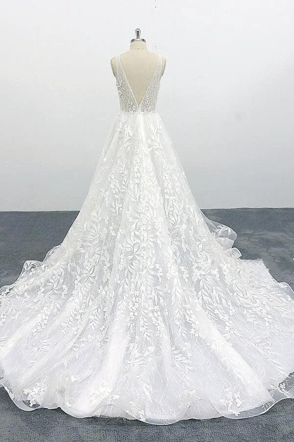 Elegant Long A-line V-neck Appliques Lace Tulle Backless Wedding Dress by BIZTUNNEL