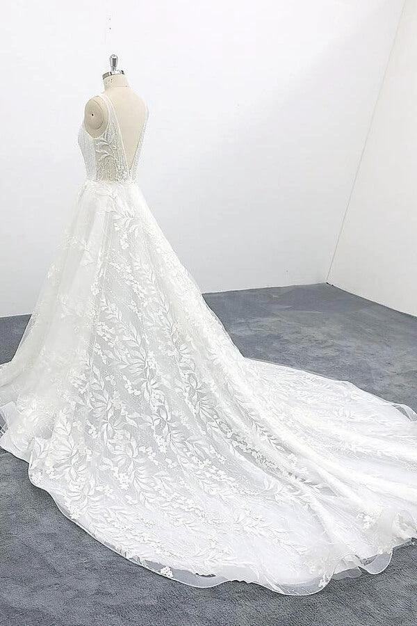 Elegant Long A-line V-neck Appliques Lace Tulle Backless Wedding Dress by BIZTUNNEL