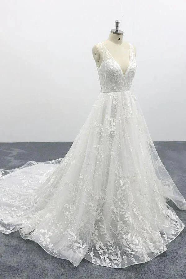 Elegant Long A-line V-neck Appliques Lace Tulle Backless Wedding Dress by BIZTUNNEL