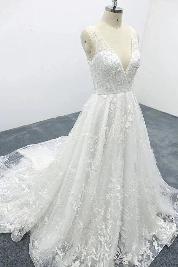 Elegant Long A-line V-neck Appliques Lace Tulle Backless Wedding Dress by BIZTUNNEL