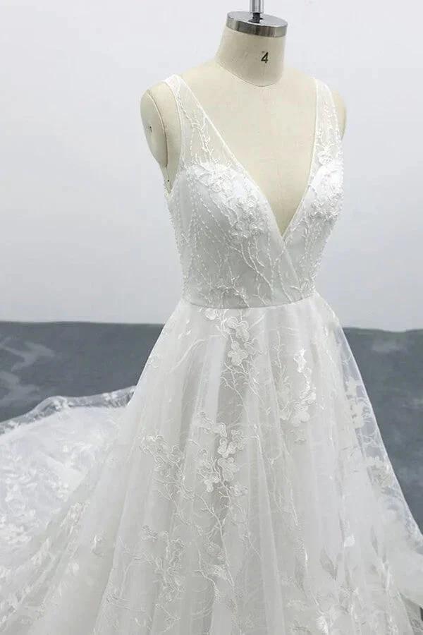 Elegant Long A-line V-neck Appliques Lace Tulle Backless Wedding Dress by BIZTUNNEL