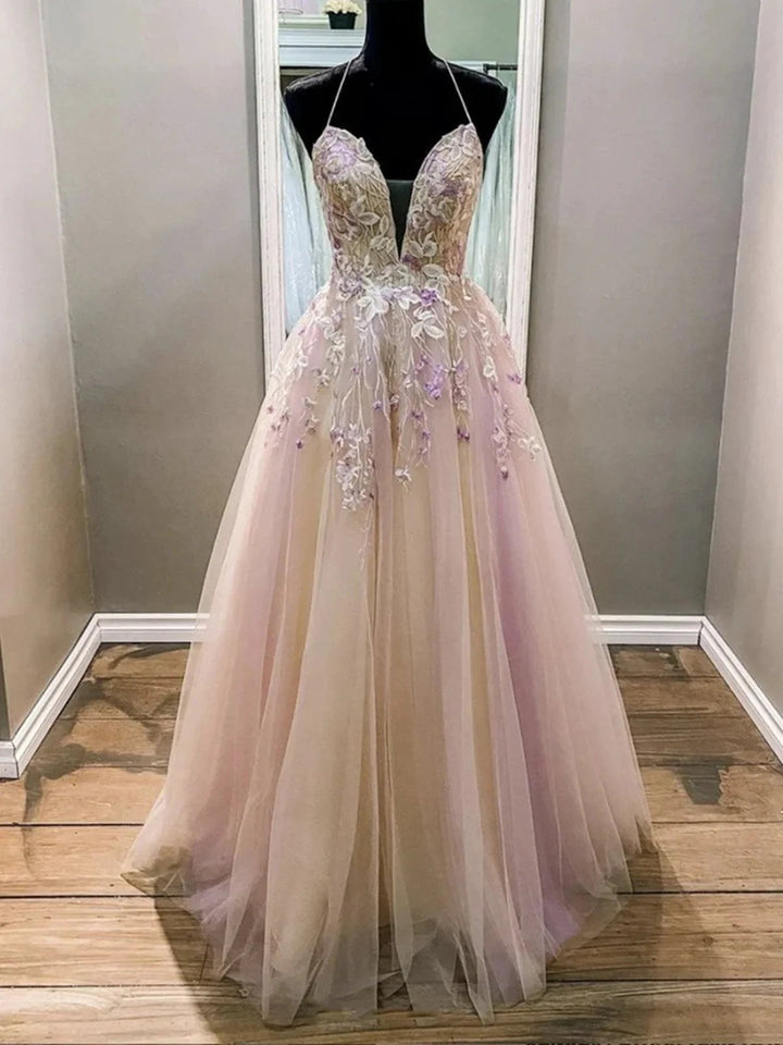 Elegant Long A Line V Neck Backless Tulle Lace Evening Formal Prom Dresses
