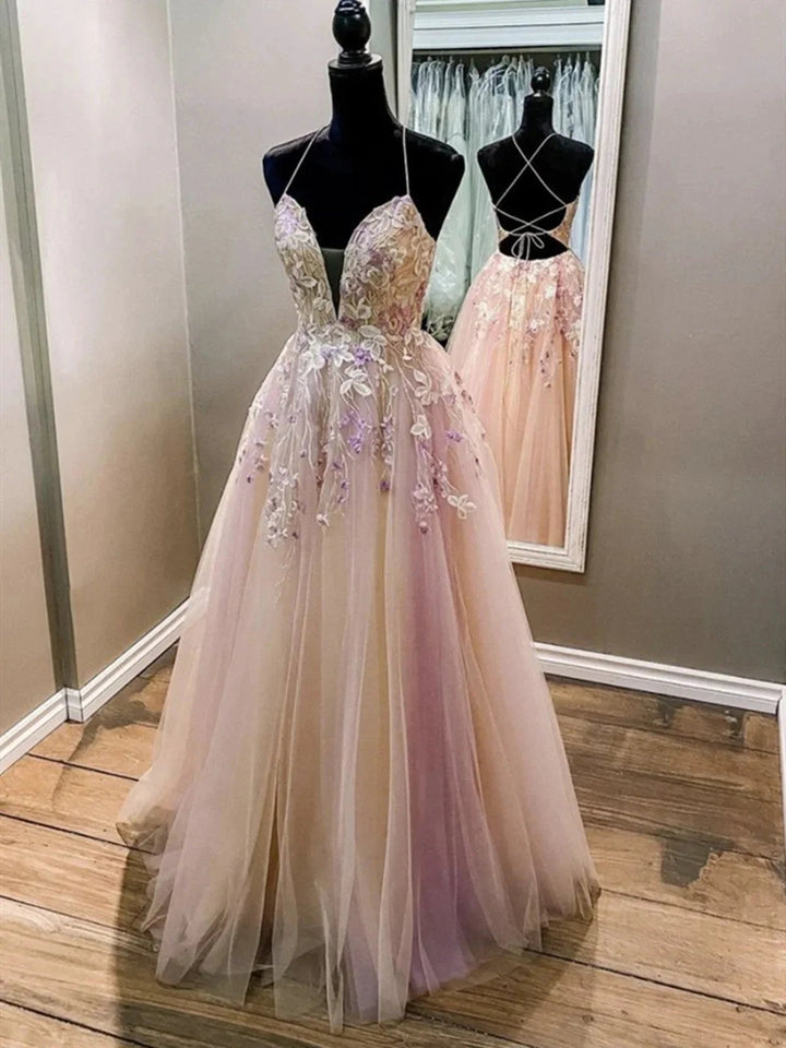 Elegant Long A Line V Neck Backless Tulle Lace Evening Formal Prom Dresses
