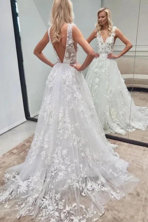 Elegant Long A-line V-neck Backless Tulle Lace Wedding Dress by BIZTUNNEL