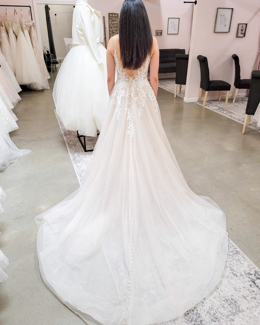 Elegant Long A-line V-neck Lace Tulle Backless Wedding Dresses by BIZTUNNEL