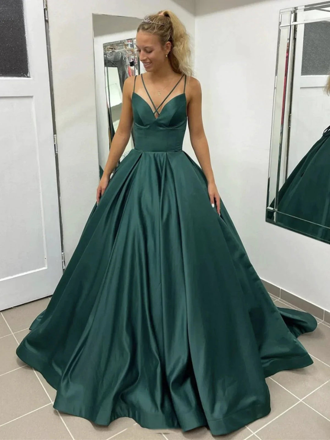 Elegant Long A Line V Neck Satin Open Back Formal Graduation Prom Dresses with Pockets by BIZTUNNEL