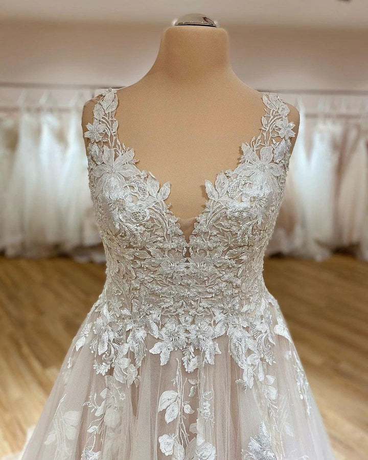 Elegant Long A-Line V-neck Spaghetti Straps Appliques Lace Ruffles Tulle Wedding Dress by BIZTUNNEL