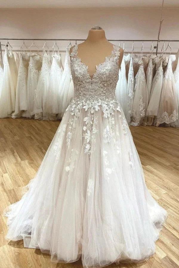 Elegant Long A-Line V-neck Spaghetti Straps Appliques Lace Ruffles Tulle Wedding Dress by BIZTUNNEL