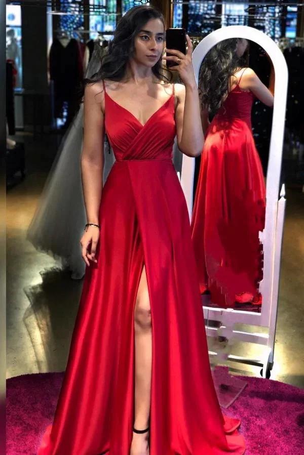 Elegant Long A-line V-neck Spaghetti Straps Prom Dress with Slit by BIZTUNNEL