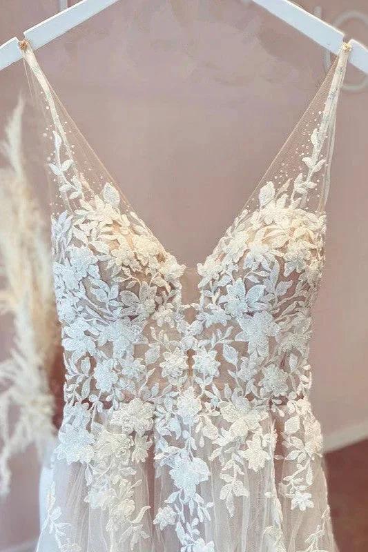 Elegant Long A-line V-neck Tulle Appliques Lace Open Back Wedding Dress by BIZTUNNEL