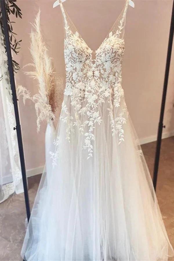 Elegant Long A-line V-neck Tulle Appliques Lace Open Back Wedding Dress by BIZTUNNEL