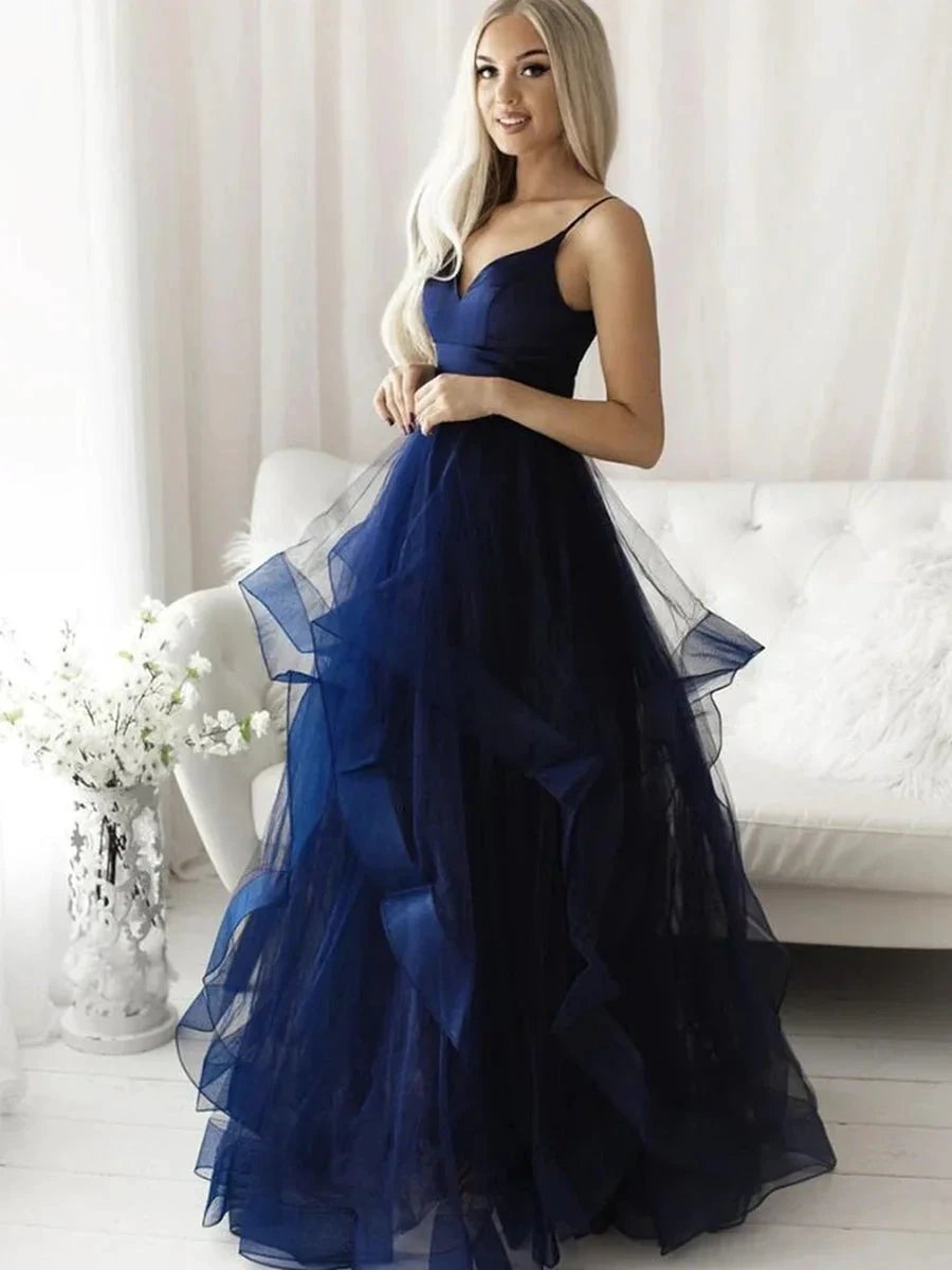 Elegant Long A-line V Neck Tulle Graduation Prom Dresses by BIZTUNNEL