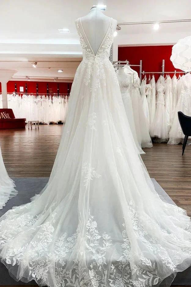 Elegant Long A-Line V Neck Tulle Spaghetti Straps Lace Wedding Dress by BIZTUNNEL
