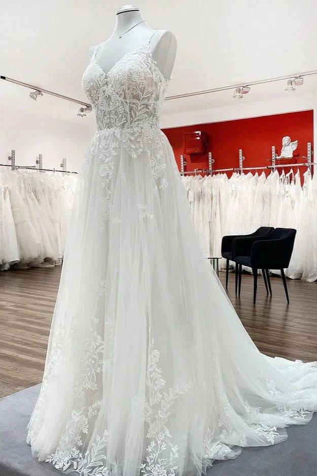 Elegant Long A-Line V Neck Tulle Spaghetti Straps Lace Wedding Dress by BIZTUNNEL