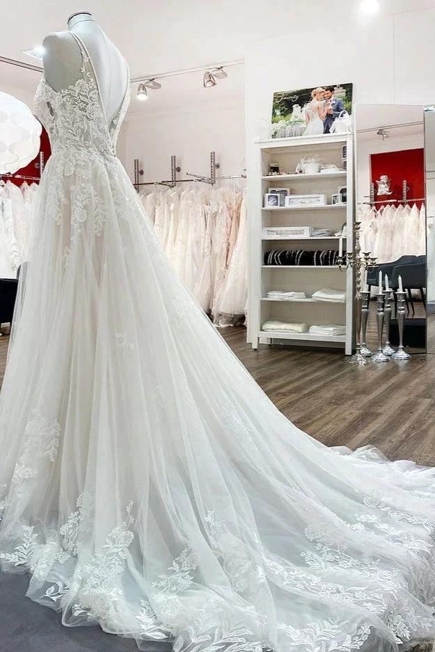 Elegant Long A-Line V Neck Tulle Spaghetti Straps Lace Wedding Dress by BIZTUNNEL