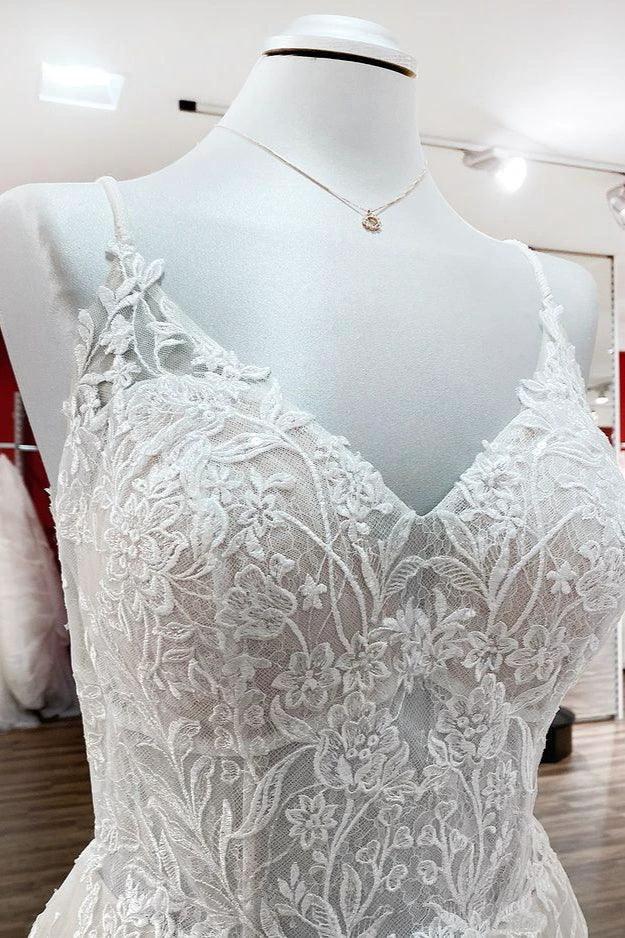 Elegant Long A-Line V Neck Tulle Spaghetti Straps Lace Wedding Dress by BIZTUNNEL