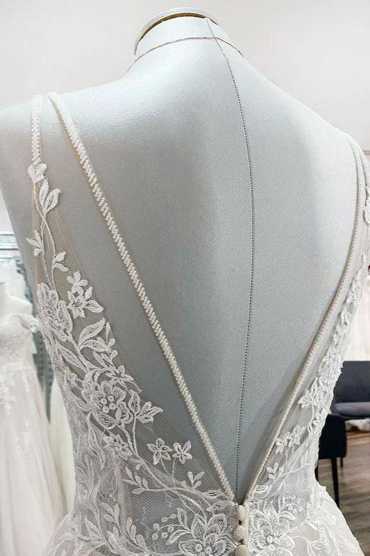 Elegant Long A-Line V Neck Tulle Spaghetti Straps Lace Wedding Dress by BIZTUNNEL