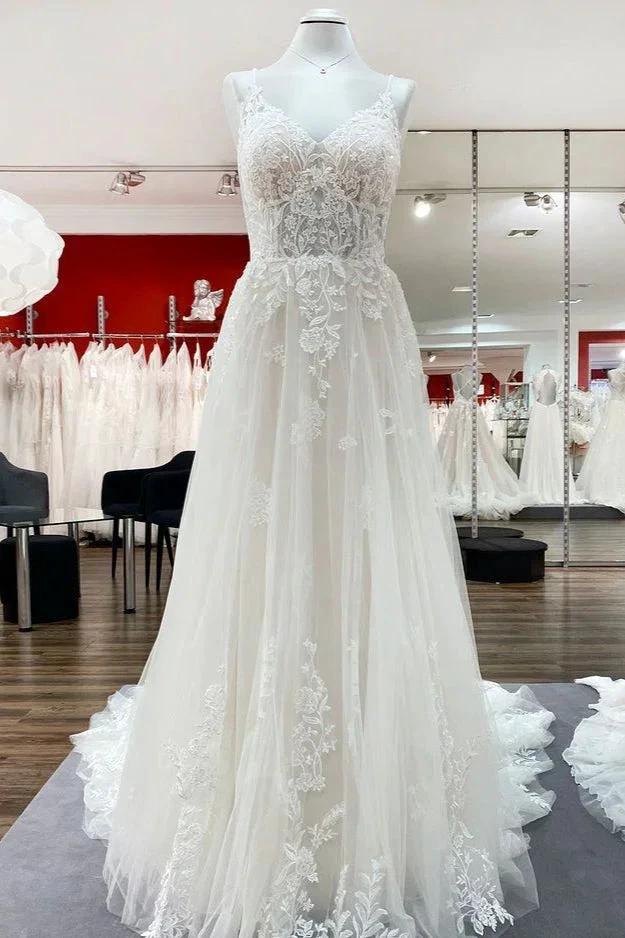Elegant Long A-Line V Neck Tulle Spaghetti Straps Lace Wedding Dress by BIZTUNNEL