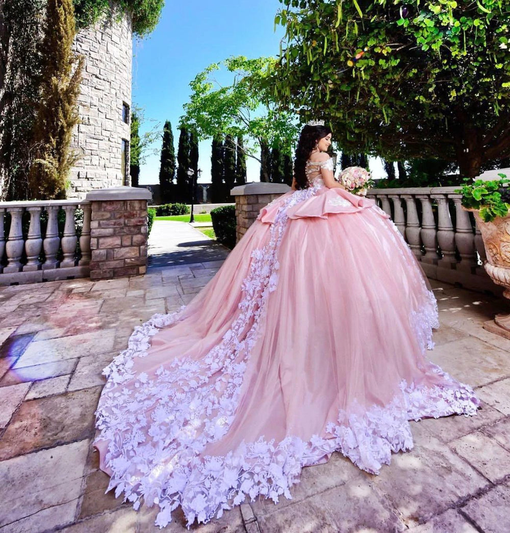 Elegant Long Ball Gown Off the Shoulder Appliques Lace Tulle Quinceanera Dress by BIZTUNNEL