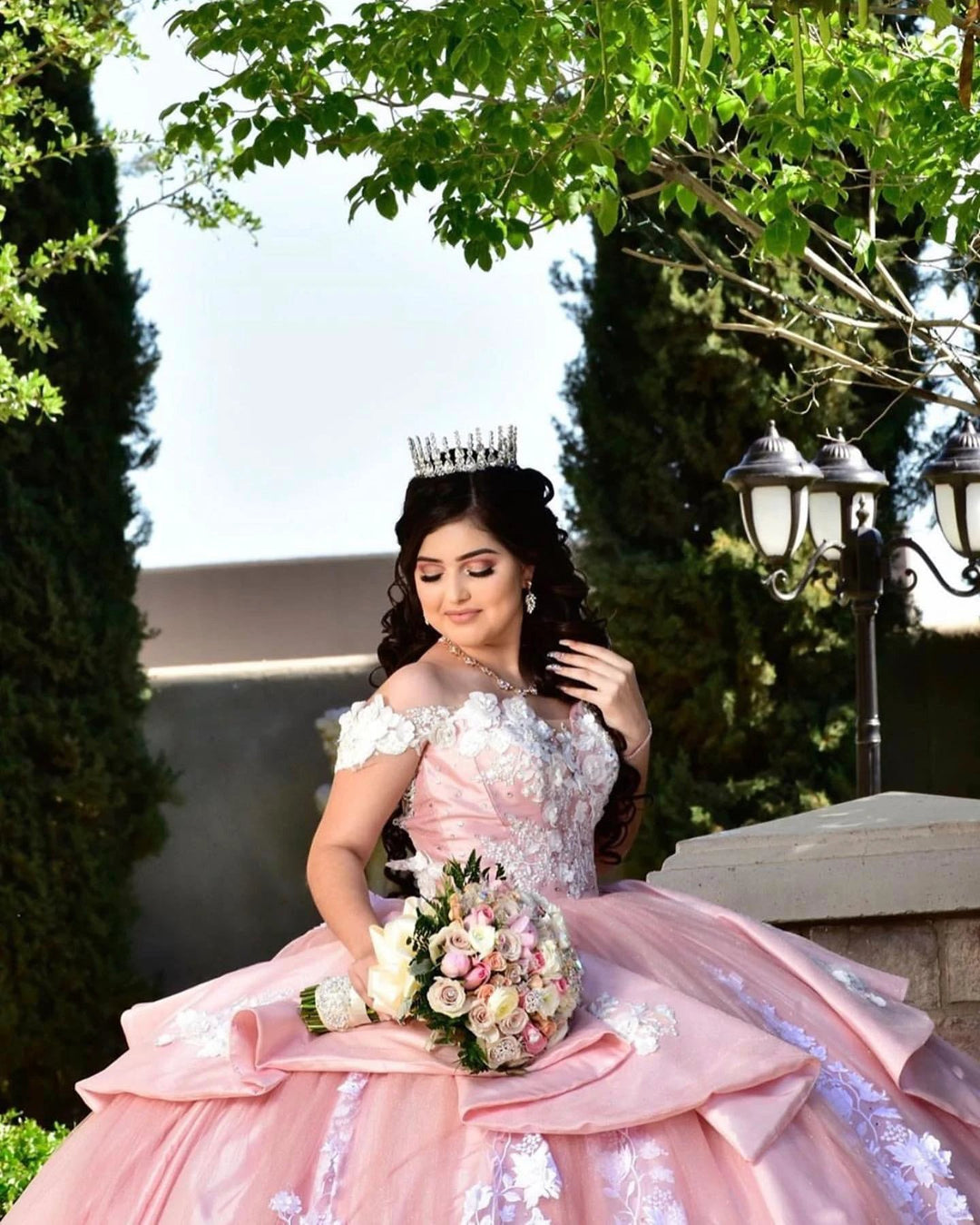 Elegant Long Ball Gown Off the Shoulder Appliques Lace Tulle Quinceanera Dress by BIZTUNNEL