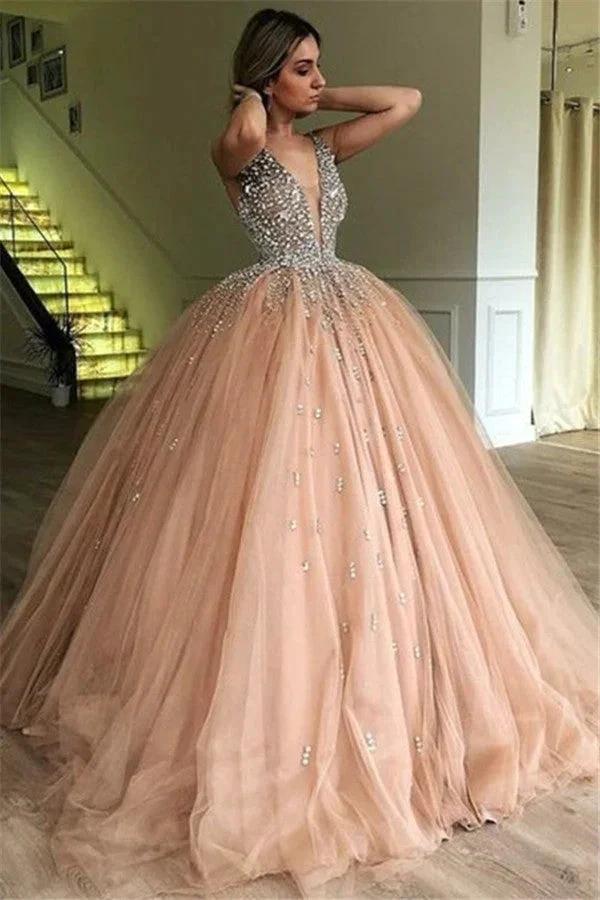 Elegant Long Ball Gown Straps Beading Tulle Prom Dress by BIZTUNNEL