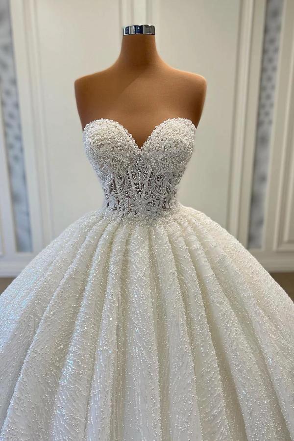 Elegant Long Ball Gown Sweetheart Sleeveless Sequined Tulle Lace Wedding Dresses by BIZTUNNEL