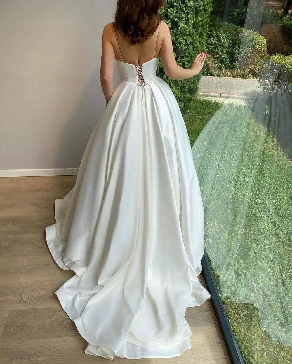Elegant Long Ball Gowns Sweetheart Spaghetti Straps Satin Wedding Dress by BIZTUNNEL