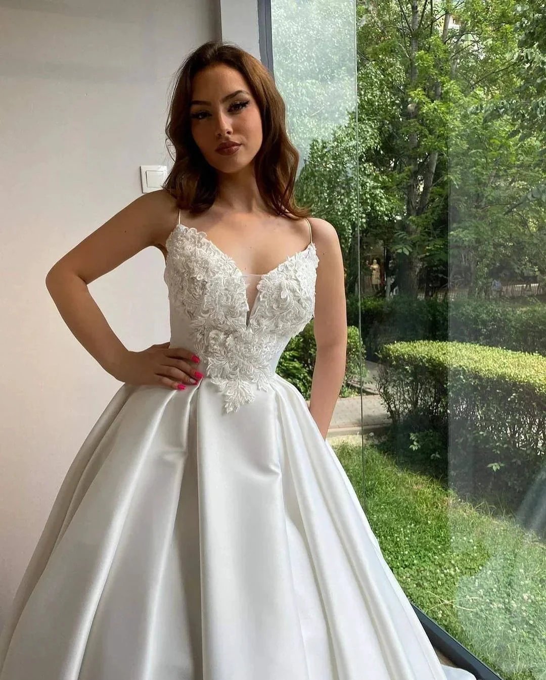 Elegant Long Ball Gowns Sweetheart Spaghetti Straps Satin Wedding Dress by BIZTUNNEL