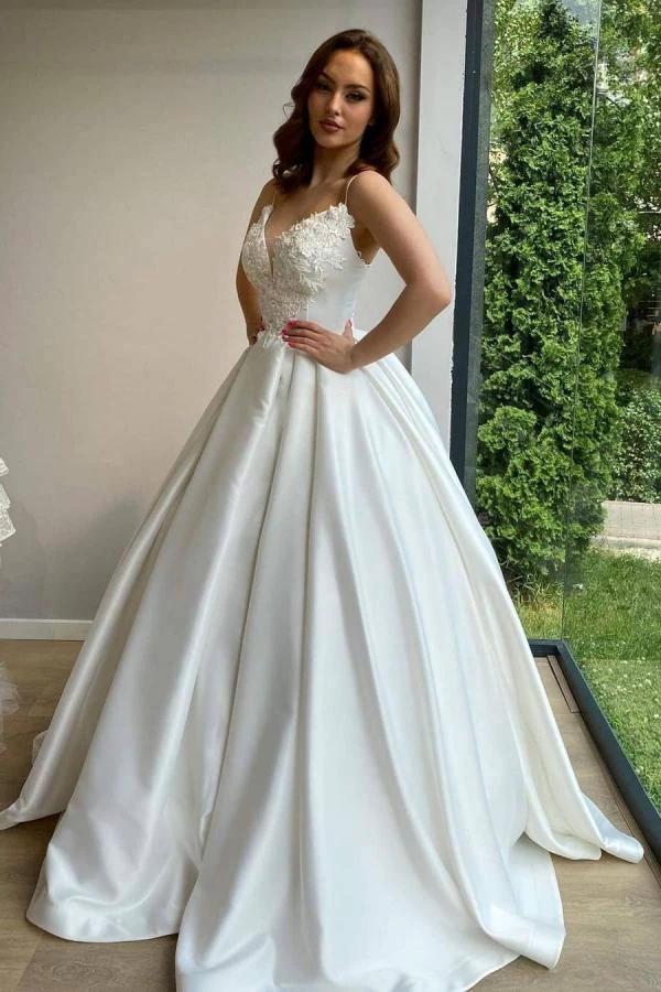 Elegant Long Ball Gowns Sweetheart Spaghetti Straps Satin Wedding Dress by BIZTUNNEL