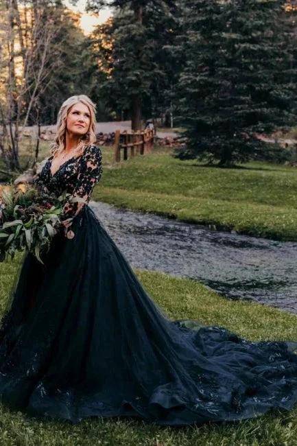Elegant Long Black A-line V-neck Long Sleeves Wedding Dresses With Lace by misshow.com