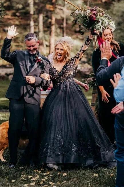 Elegant Long Black A-line V-neck Long Sleeves Wedding Dresses With Lace by misshow.com