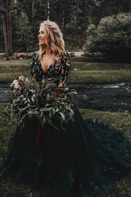 Elegant Long Black A-line V-neck Long Sleeves Wedding Dresses With Lace by misshow.com