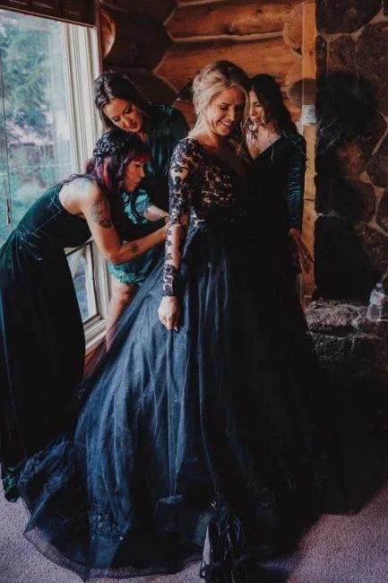 Elegant Long Black A-line V-neck Long Sleeves Wedding Dresses With Lace by misshow.com