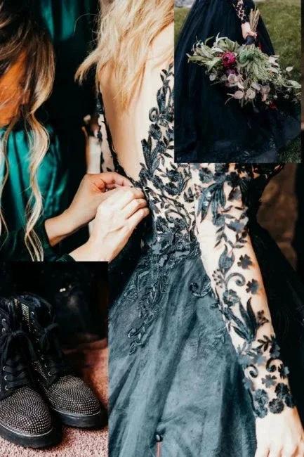 Elegant Long Black A-line V-neck Long Sleeves Wedding Dresses With Lace by misshow.com