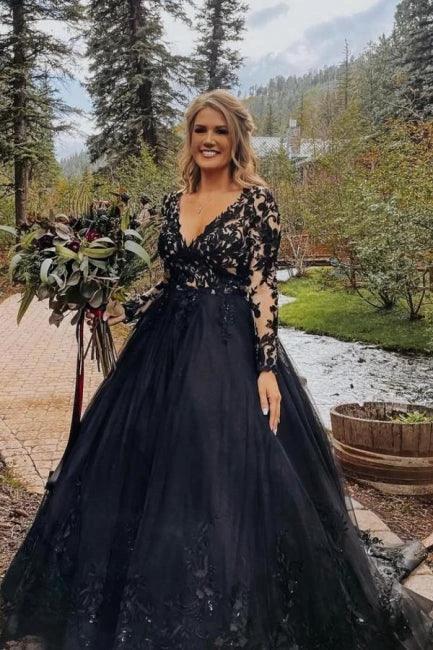 Elegant Long Black A-line V-neck Long Sleeves Wedding Dresses With Lace by misshow.com
