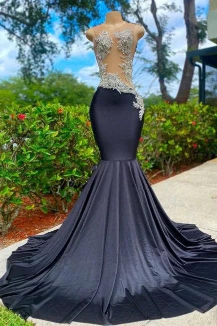 Elegant Long Black Jewel Mermaid Lace Prom Dress with Appliques by misshow.com