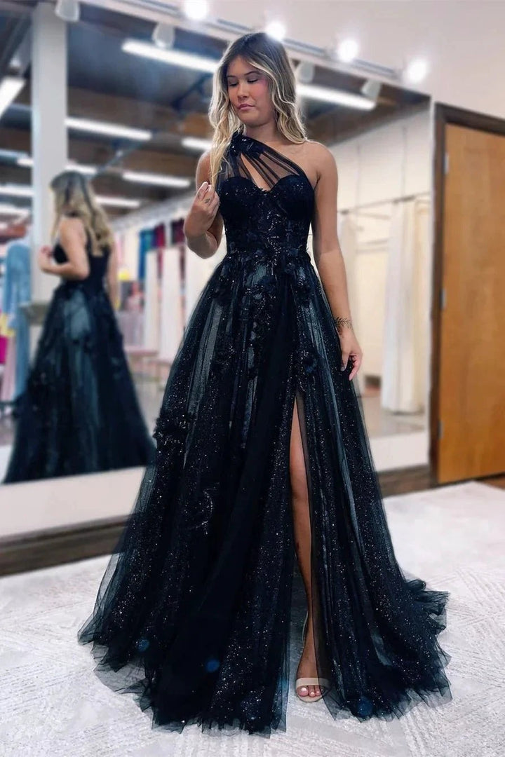 Elegant Long Black One Shoulder A-line Lace Prom Dress With Slit by misshow.com