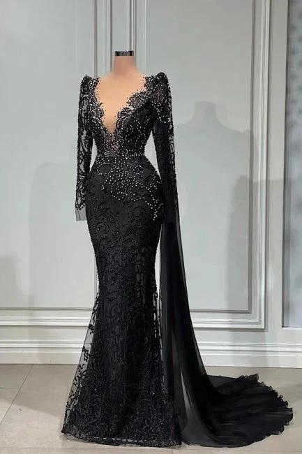 Elegant Long Black V-neck Lace Mermaid Evening Dresses With Long Sleeves by misshow.com