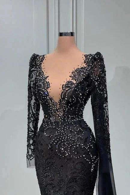 Elegant Long Black V-neck Lace Mermaid Evening Dresses With Long Sleeves by misshow.com