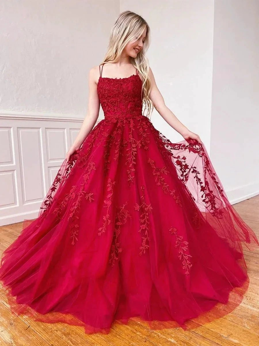 Elegant Burgundy Long A-line Strapless Tulle Lace Prom Dresses by BIZTUNNEL