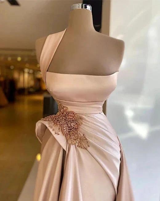 Elegant Long Champagne High Split Prom Dresses by misshow.com