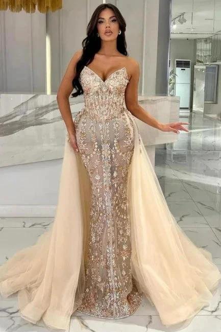 Elegant Long Champagne Mermaid Strapless Lace Glitter Prom Dress with Detachable Train by misshow.com